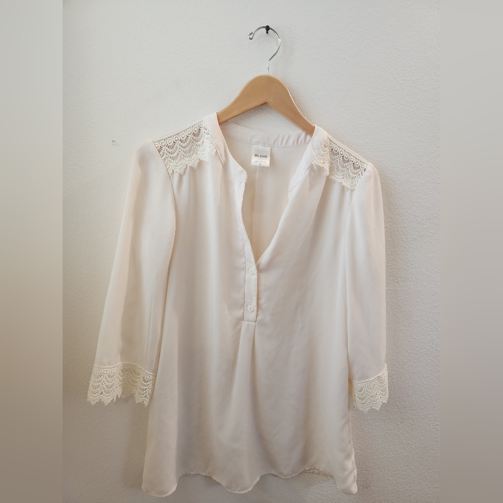 Blair Women's Half Button Lace 3/4 Sleeve Blouse Shirt Ivory‎ Small